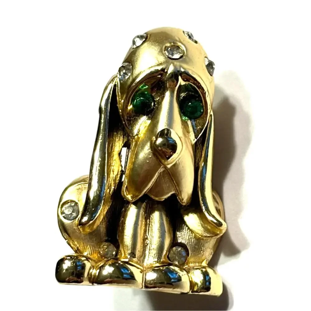 Gold puppy dog basset brooch long ears green eyes rhinestone vintage scatter pin
